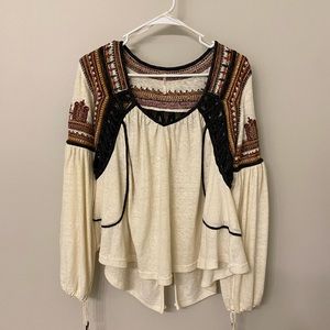 Free People Embroidered Pullover Sweater Top w Bell Sleeve